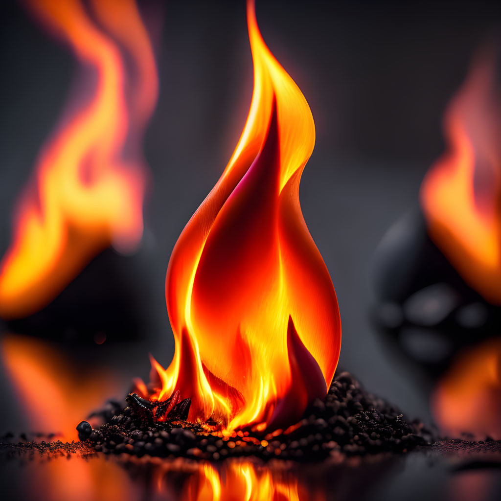 Intense vibrant flame against dark blurred background