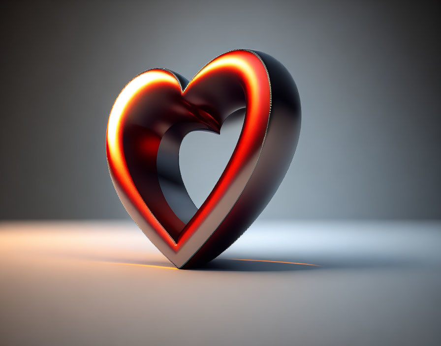 Shiny metallic heart with orange glow on gray background