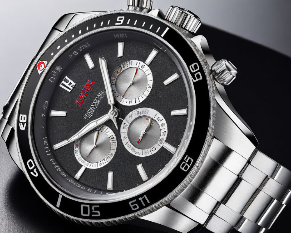 Stainless Steel Luxury Chronograph Watch with Black Dial and Date Display