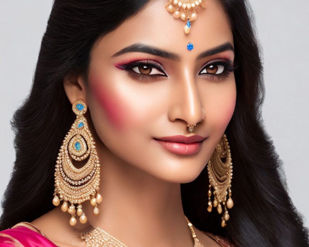 Elaborately adorned woman in gold jewelry and pink outfit gazes ahead