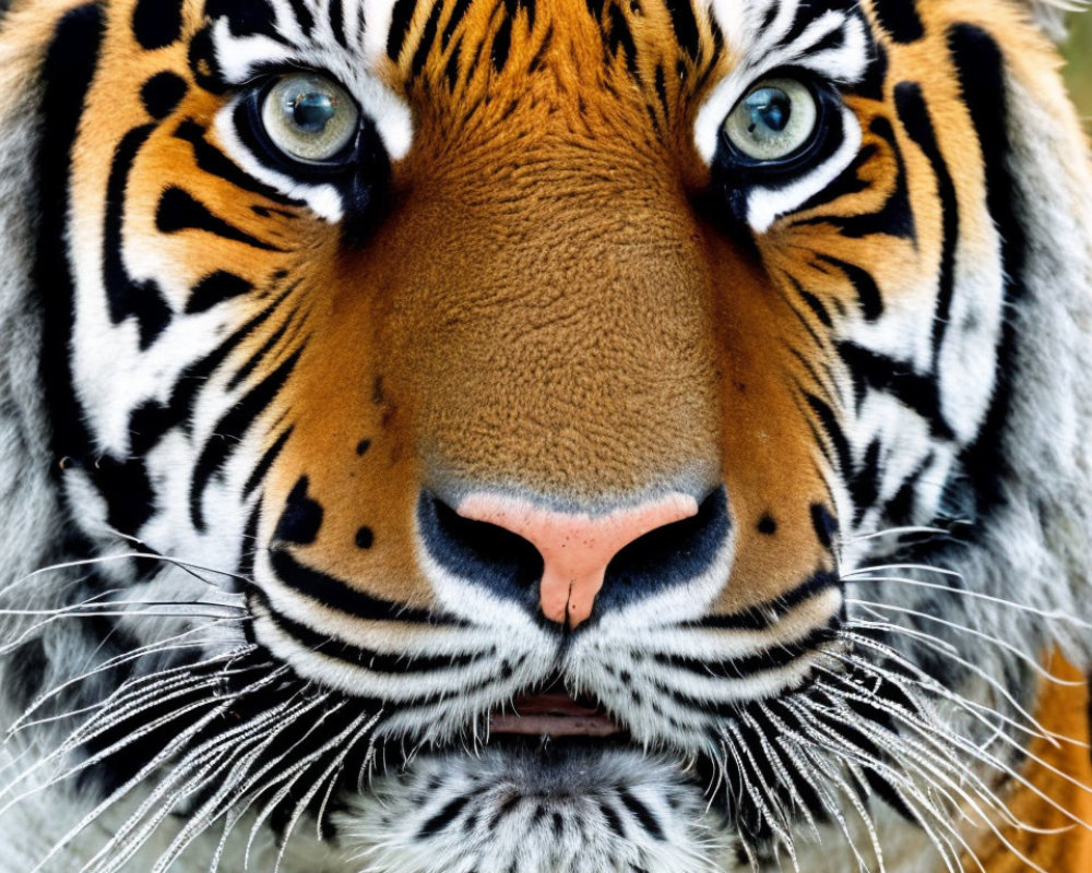 Detailed Close-Up of Intense Tiger Face with Orange Fur and Black Stripes