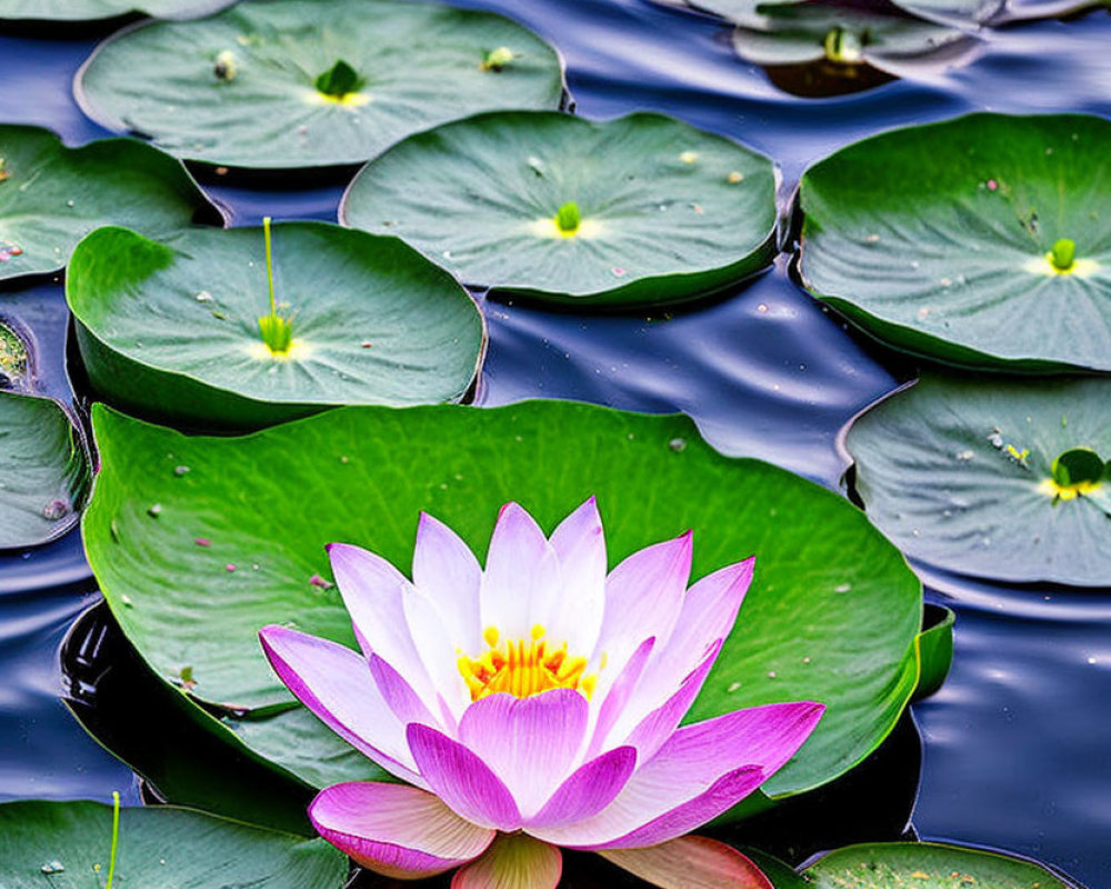 Vibrant Pink Water Lily Blooming on Blue Water Surface