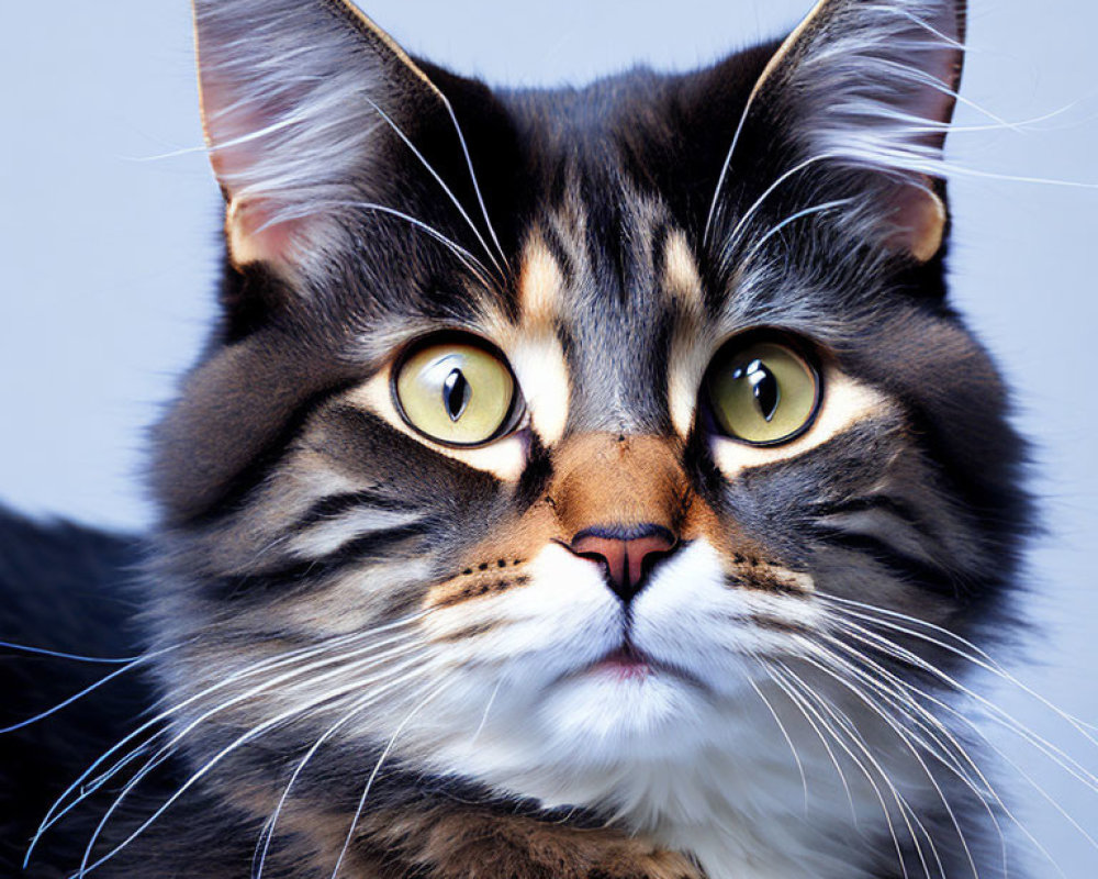 Fluffy tabby cat with yellow eyes and striped fur on grey background