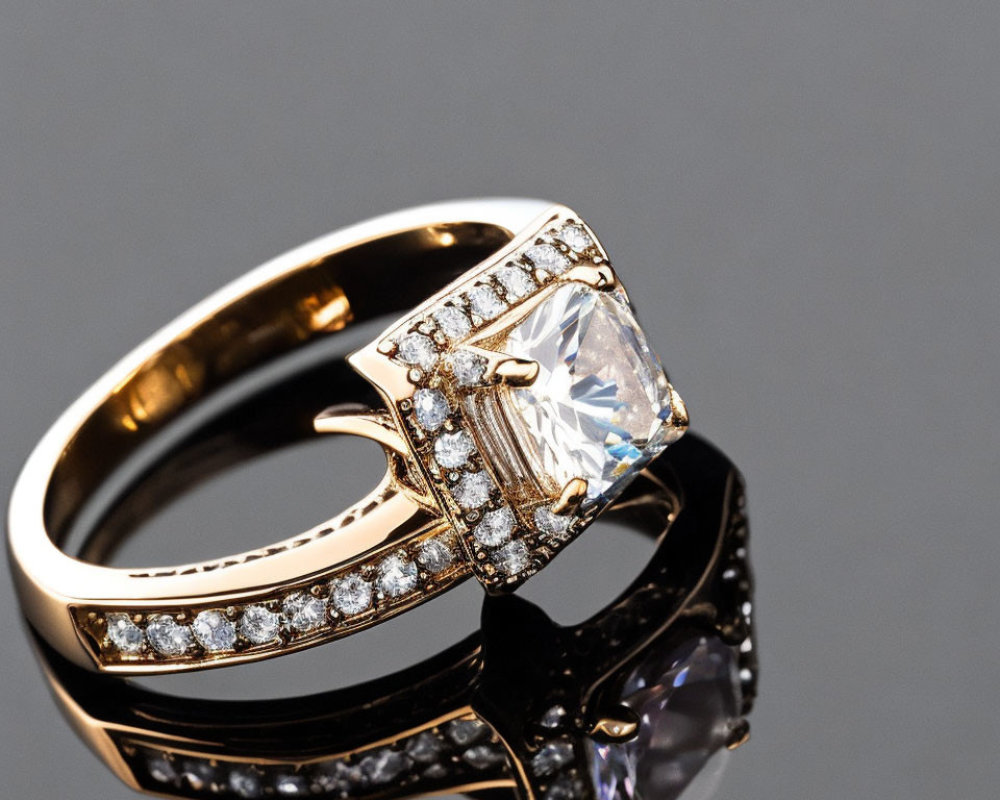 Square-Cut Diamond Ring with Accent Stones on Gold Band on Reflective Surface