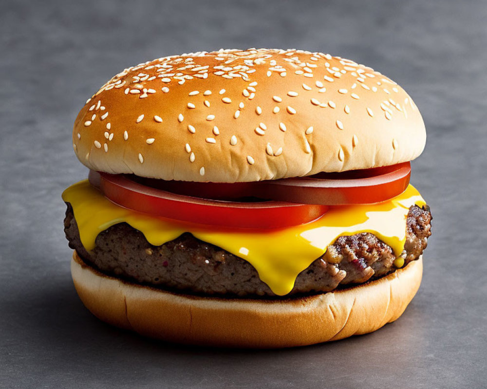 Sesame Seed Bun Cheeseburger with Beef Patty, Melted Cheese, Tomato Slice on Grey