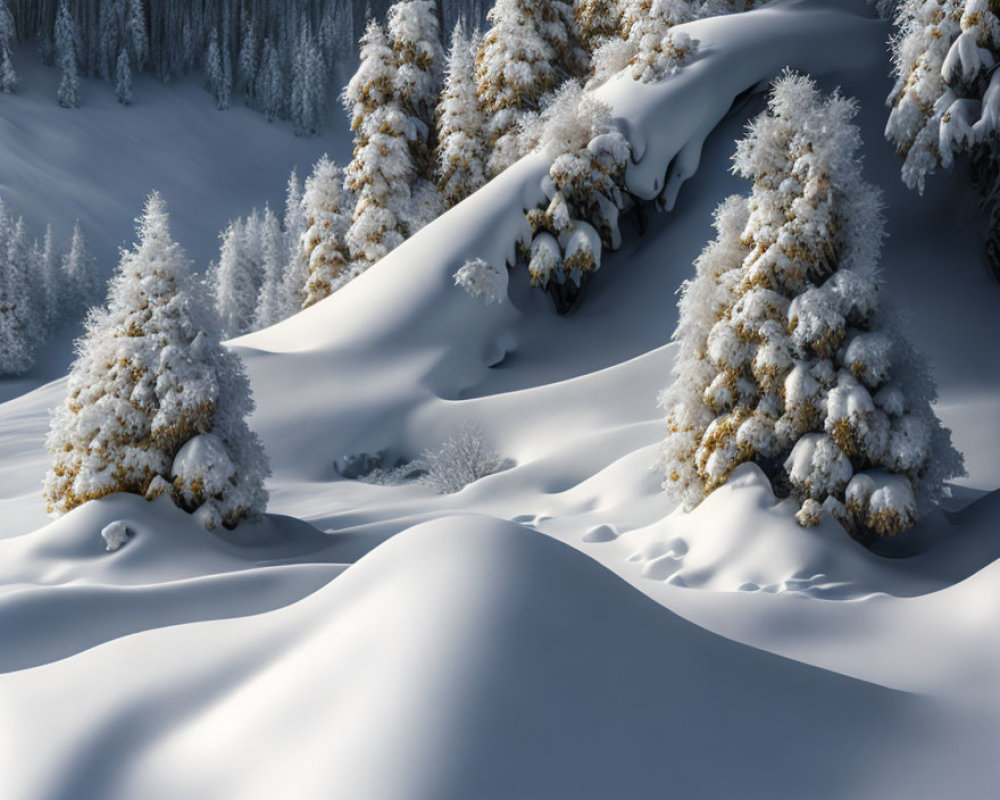 Snow-covered hills and coniferous trees in serene winter scene