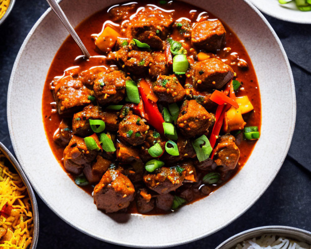 Savory Spicy Beef Curry Bowl with Rice and Green Onions