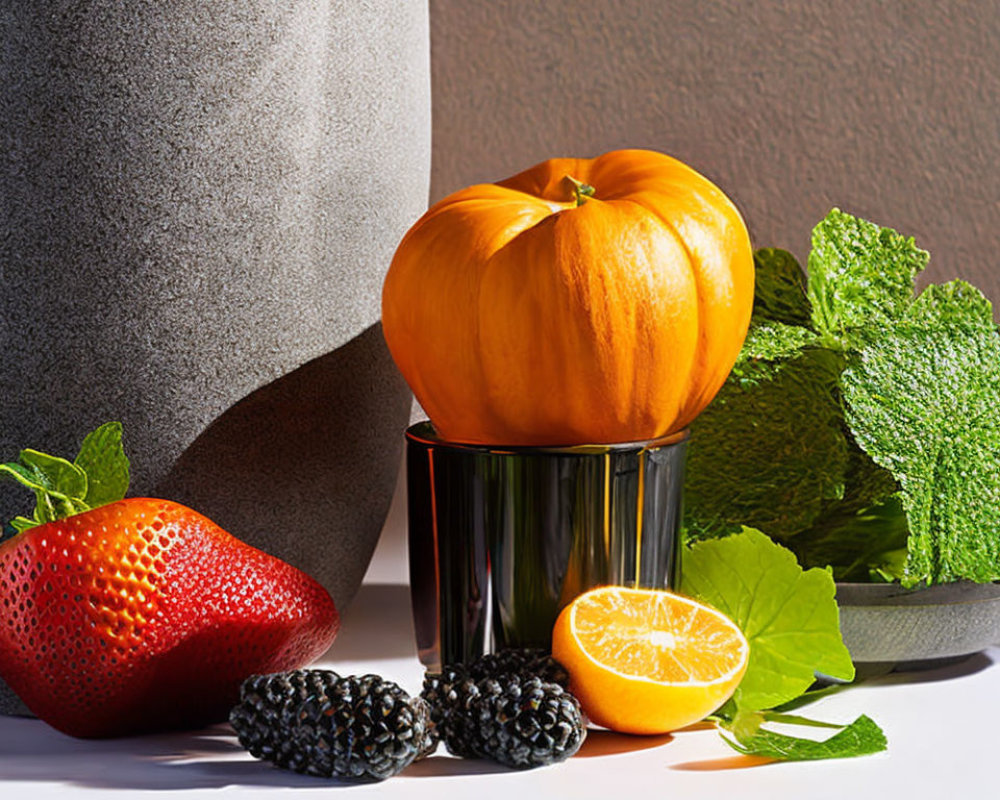 Vibrant fresh produce assortment with pumpkin, blackberries, strawberry, orange, and mint leaves under