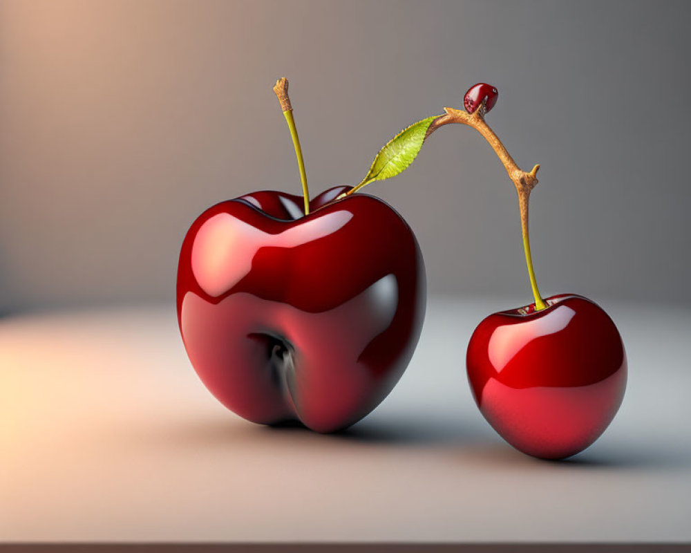 Shiny stylized cherries with green leaf on soft-lit backdrop