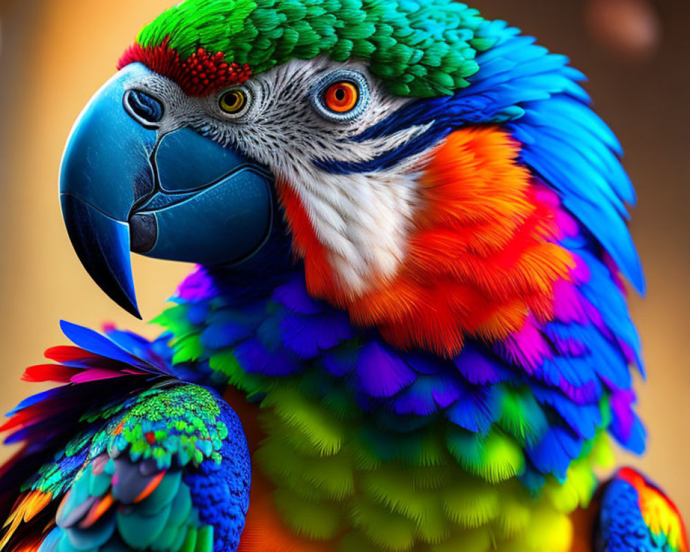 Colorful Close-Up of Multicolored Macaw Feathers and Beak