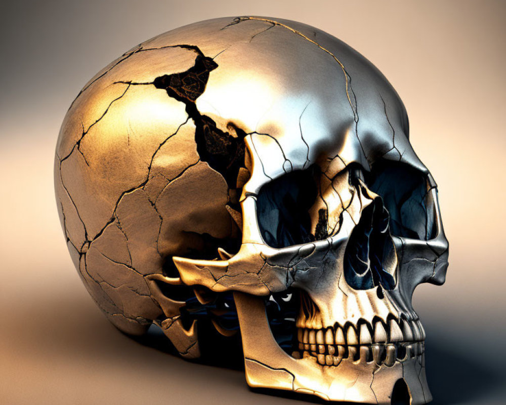 Golden Metallic Skull with Crack Patterns on Neutral Background