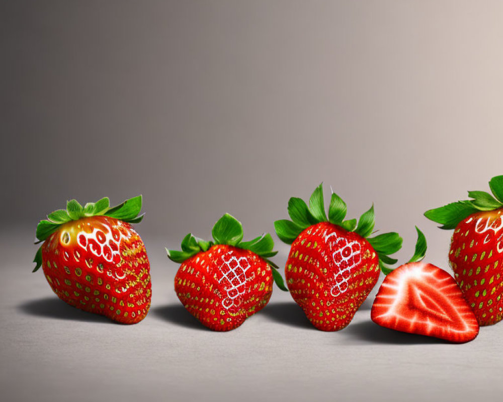 Fresh ripe strawberries with vibrant red coloring and green leaves on neutral background.