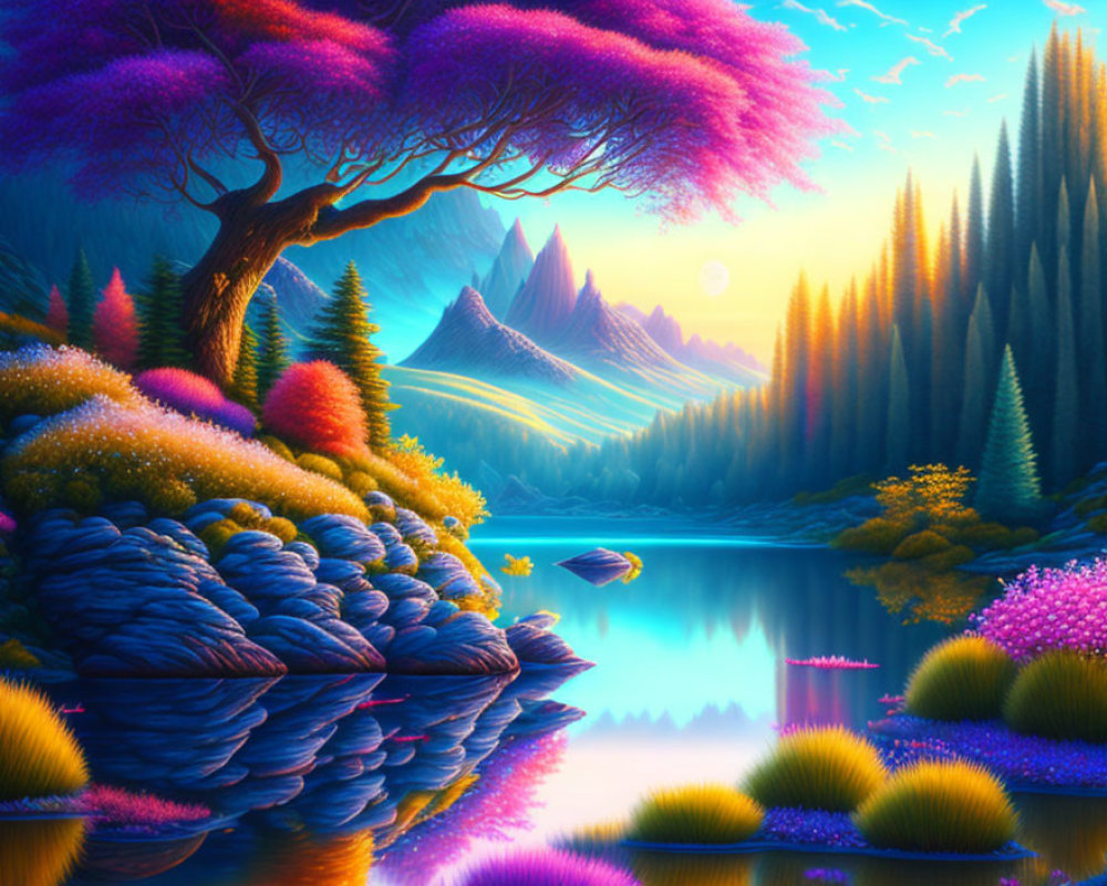 Colorful fantasy landscape with luminous lake and purple trees