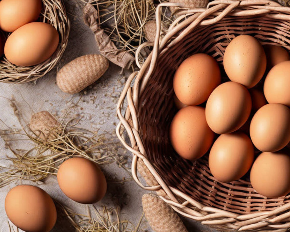 Brown Eggs in Wicker Basket with Scattered Straw