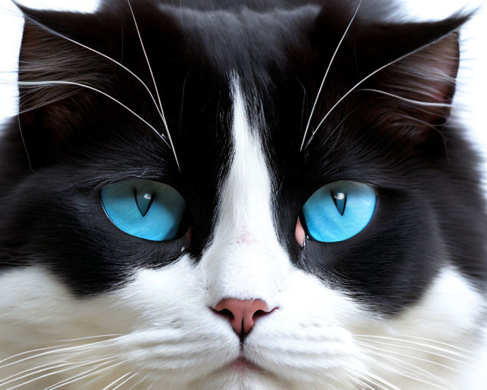 Black and White Cat with Blue Eyes and Pink Nose on White Background