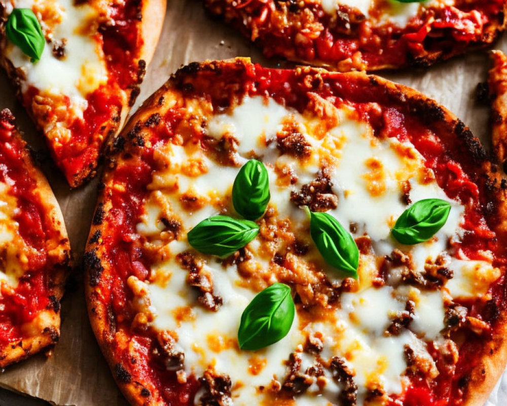 Three homemade pizzas with melted cheese, ground meat, fresh basil on wooden surface