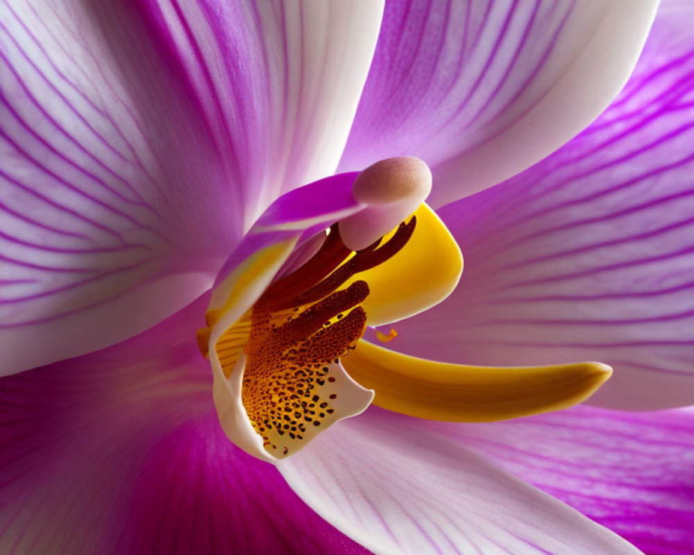 Detailed Close-Up of Purple and White Orchid with Yellow and Burgundy Patterns