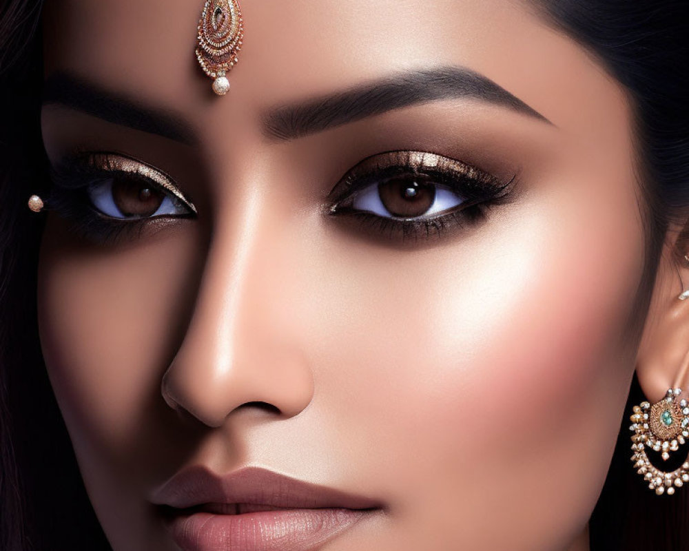 Woman with Striking Makeup and Elegant Jewelry Featuring Maang Tikka, Nose Ring, and Earrings