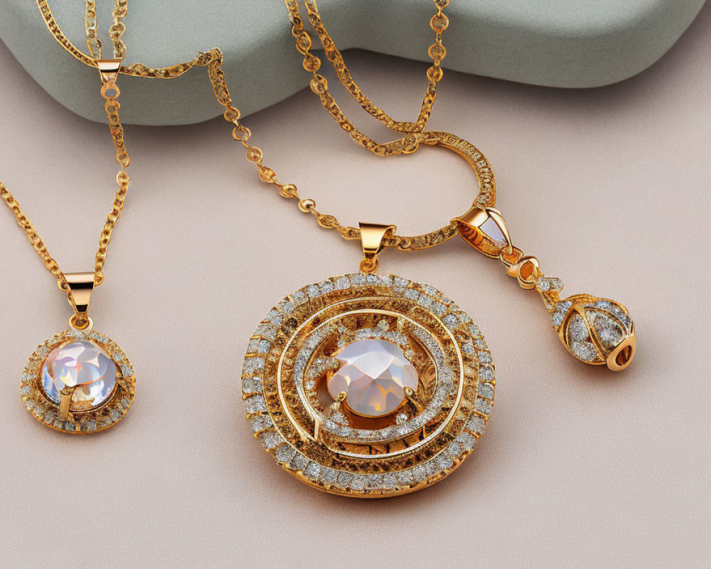 Circular Gold Jewelry Set with Gemstone & Diamonds on Soft Surface