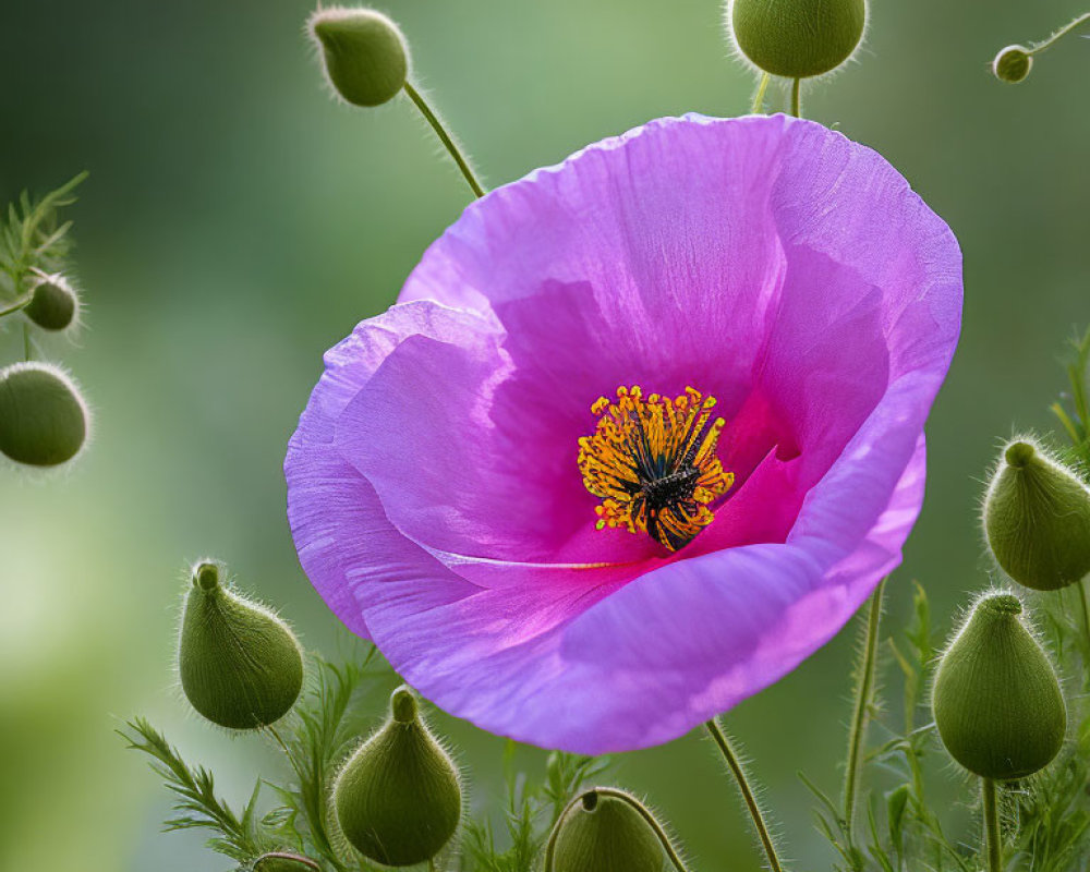 Vibrant pink poppy with dark center and yellow stamens on soft green background