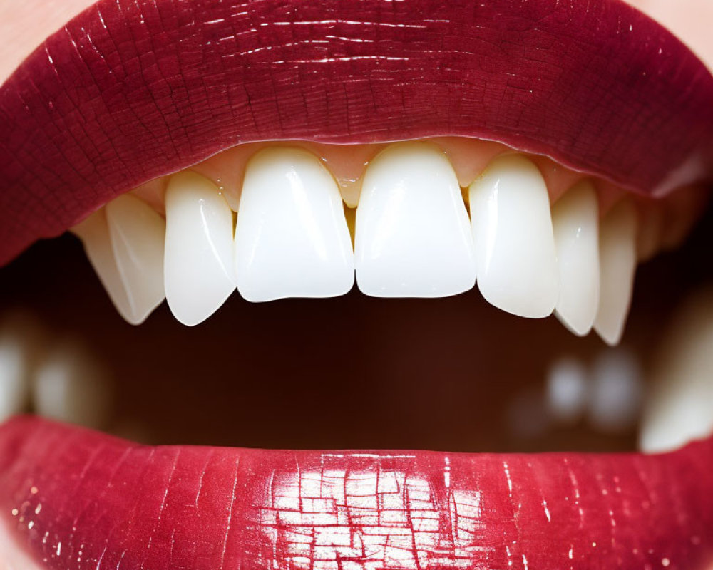 Person's Smiling Face with White Teeth and Dark Red Lipstick