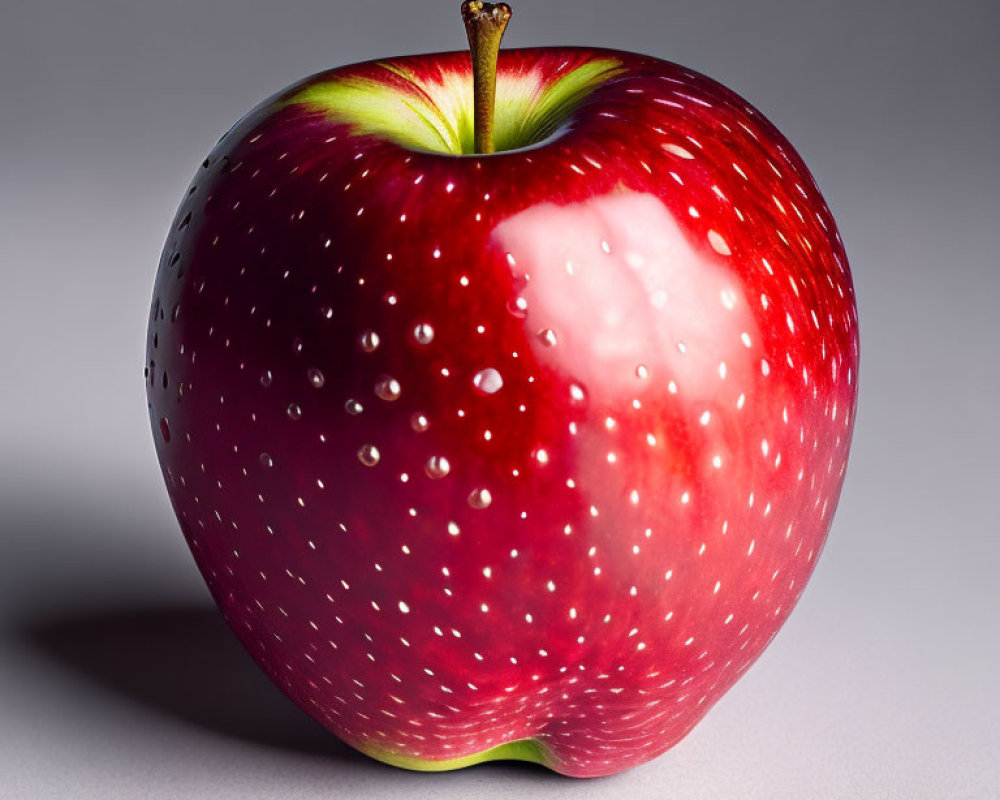 Fresh Red Apple with Water Droplets on Gray Background