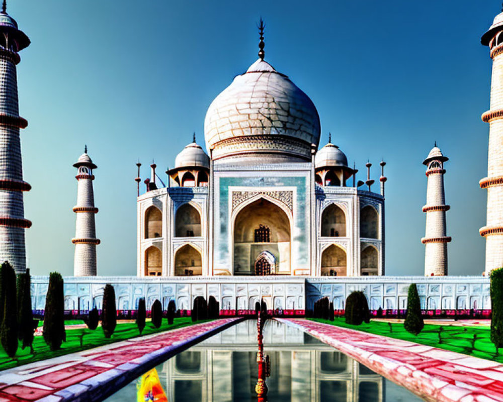 White Marble Taj Mahal with Four Minarets and Water Reflection