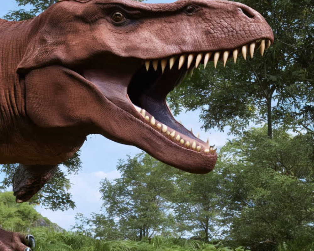 Realistic Tyrannosaurus Rex Model in Open Mouth Pose Among Green Foliage