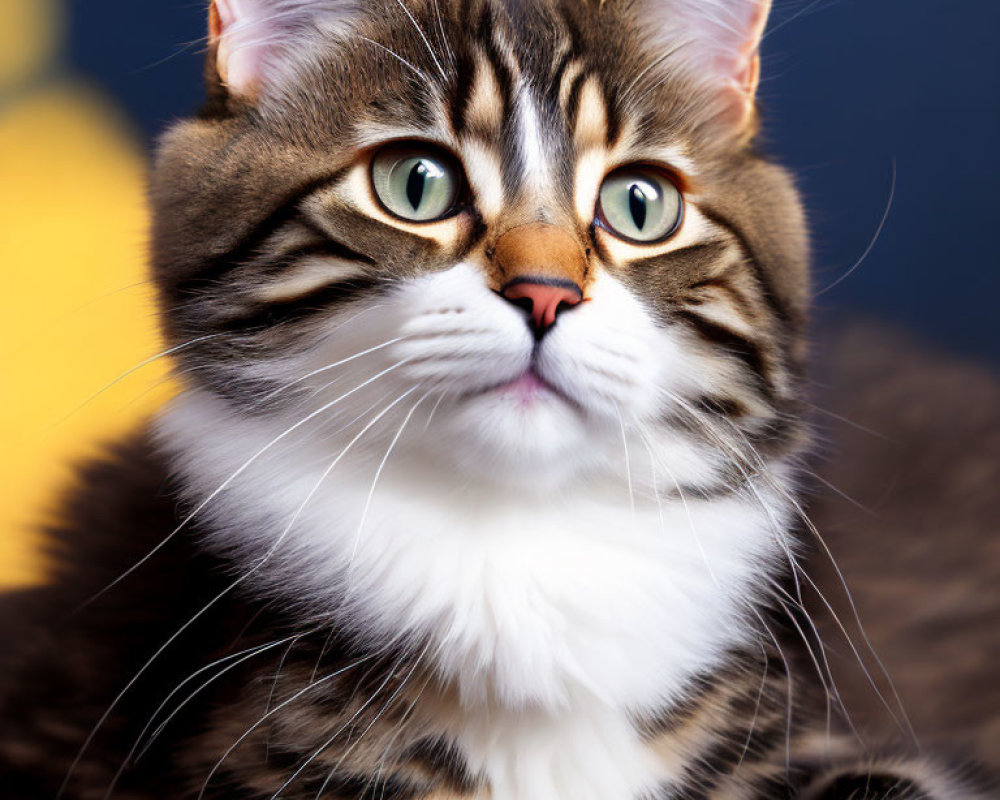 Brown and Black Striped Cat with Green Eyes on Blue and Yellow Background