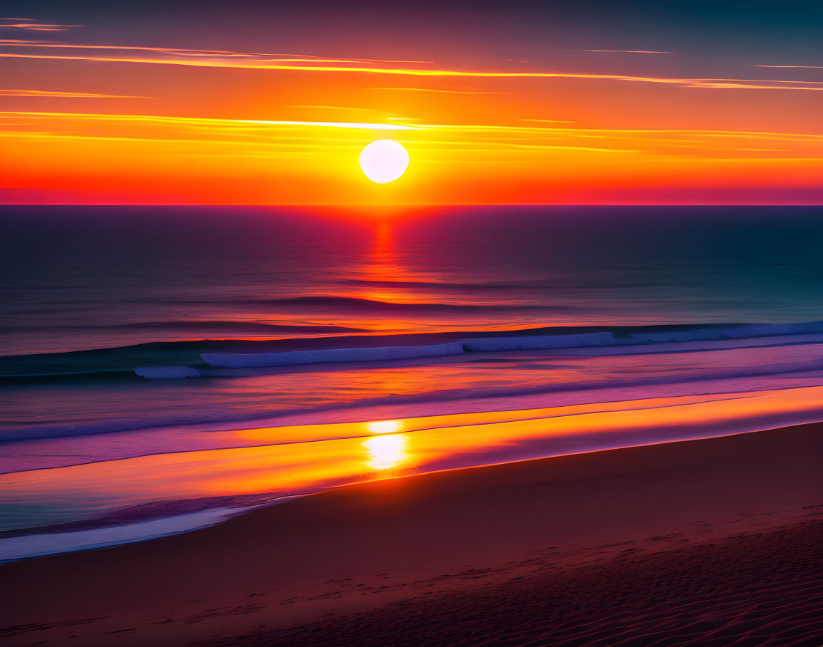 Colorful sunset with large sun, ocean waves, and beach sand reflections