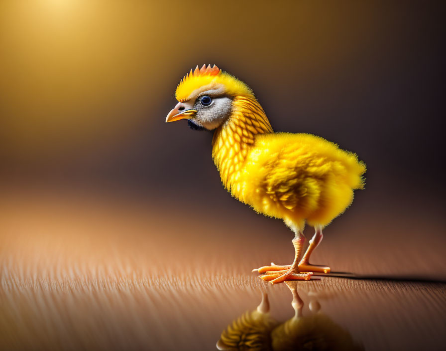 Vivid yellow chick with orange crest and face markings on glossy surface