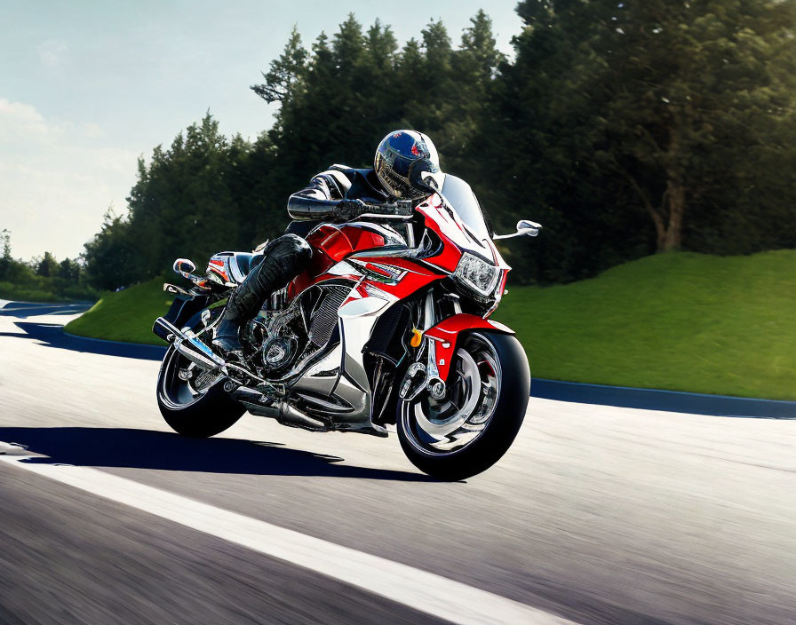 Motorcyclist in full-body suit leans into curve on sunny racetrack