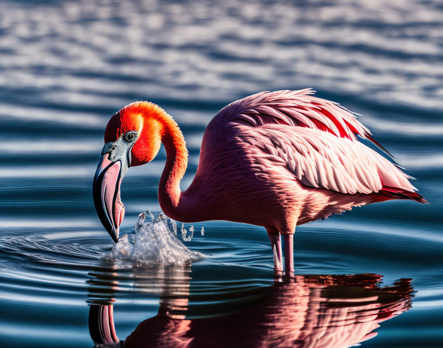 Pink flamingo standing in calm waters with reflection and water dripping from beak