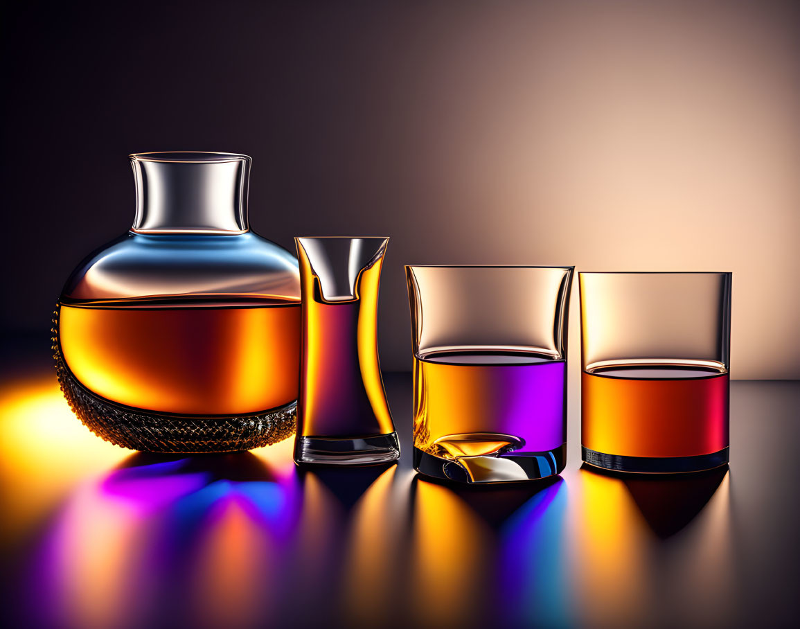 Whiskey Decanter Set with Glasses on Reflective Surface