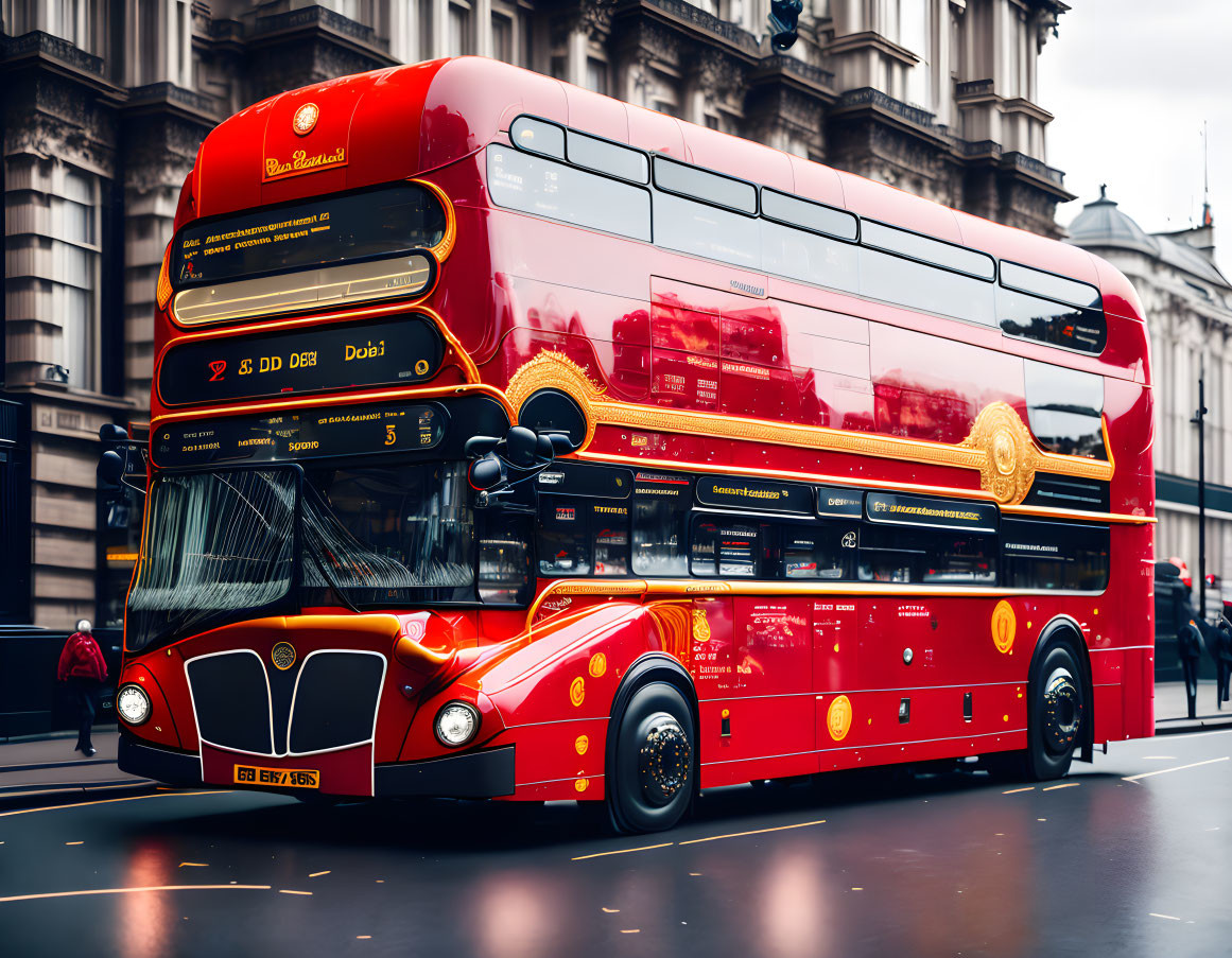 Red Double-Decker Bus with Gold Decorations in City Street