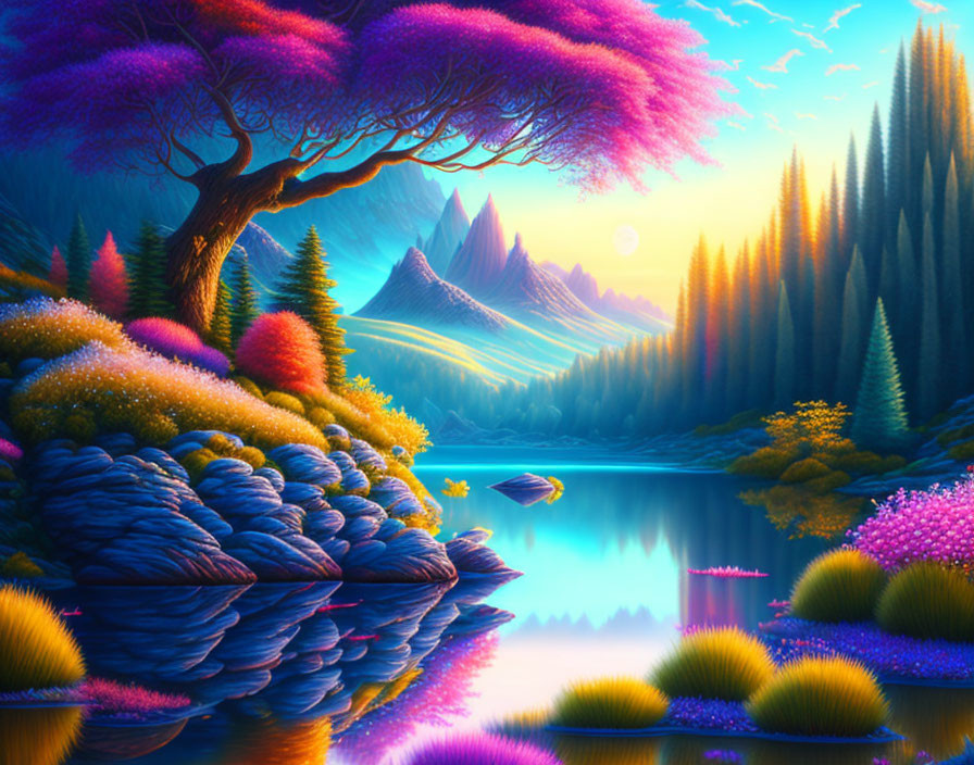 Colorful fantasy landscape with luminous lake and purple trees