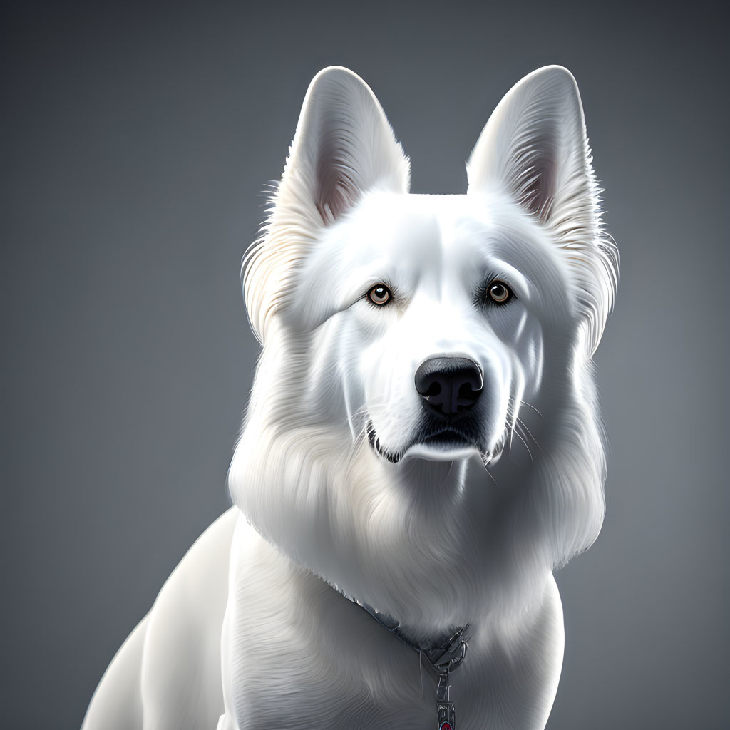 Detailed 3D white dog illustration with erect ears and black nose on grey background