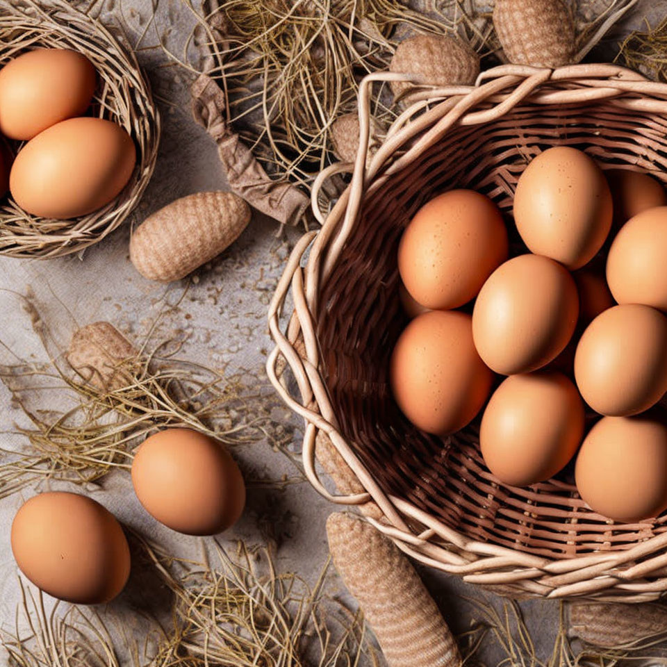 Brown Eggs in Wicker Basket with Scattered Straw