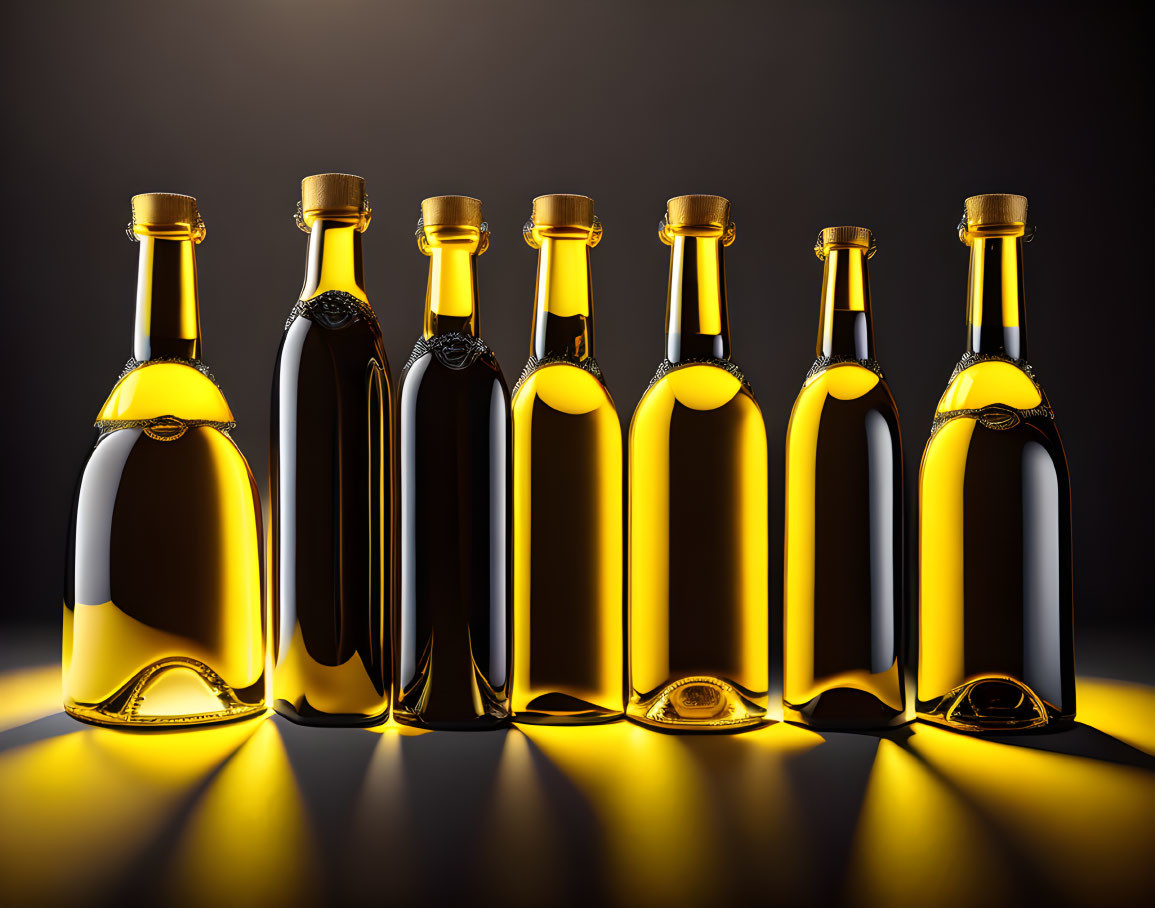 Row of Eight Elegant Glass Bottles Filled with Liquid on Dark Background