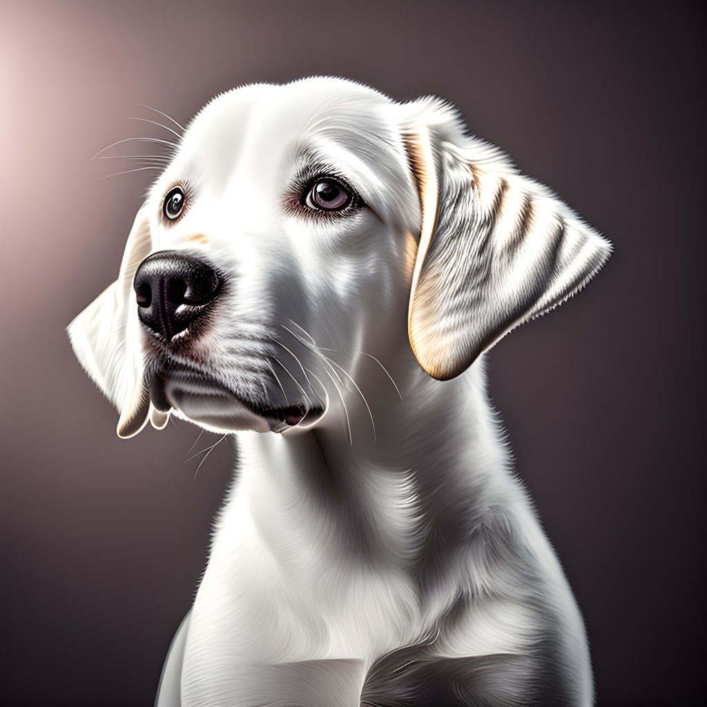 Detailed digital illustration: White dog with floppy ear, focused gaze, on gradient backdrop