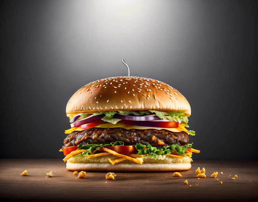 Double cheeseburger with bacon, lettuce, tomato, onions, and fries on wooden surface