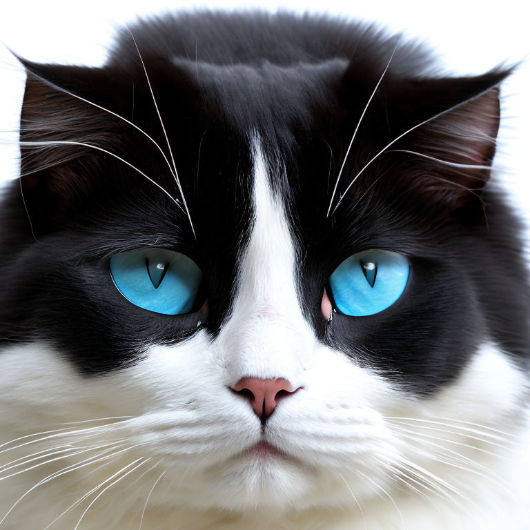 Black and White Cat with Blue Eyes and Pink Nose on White Background