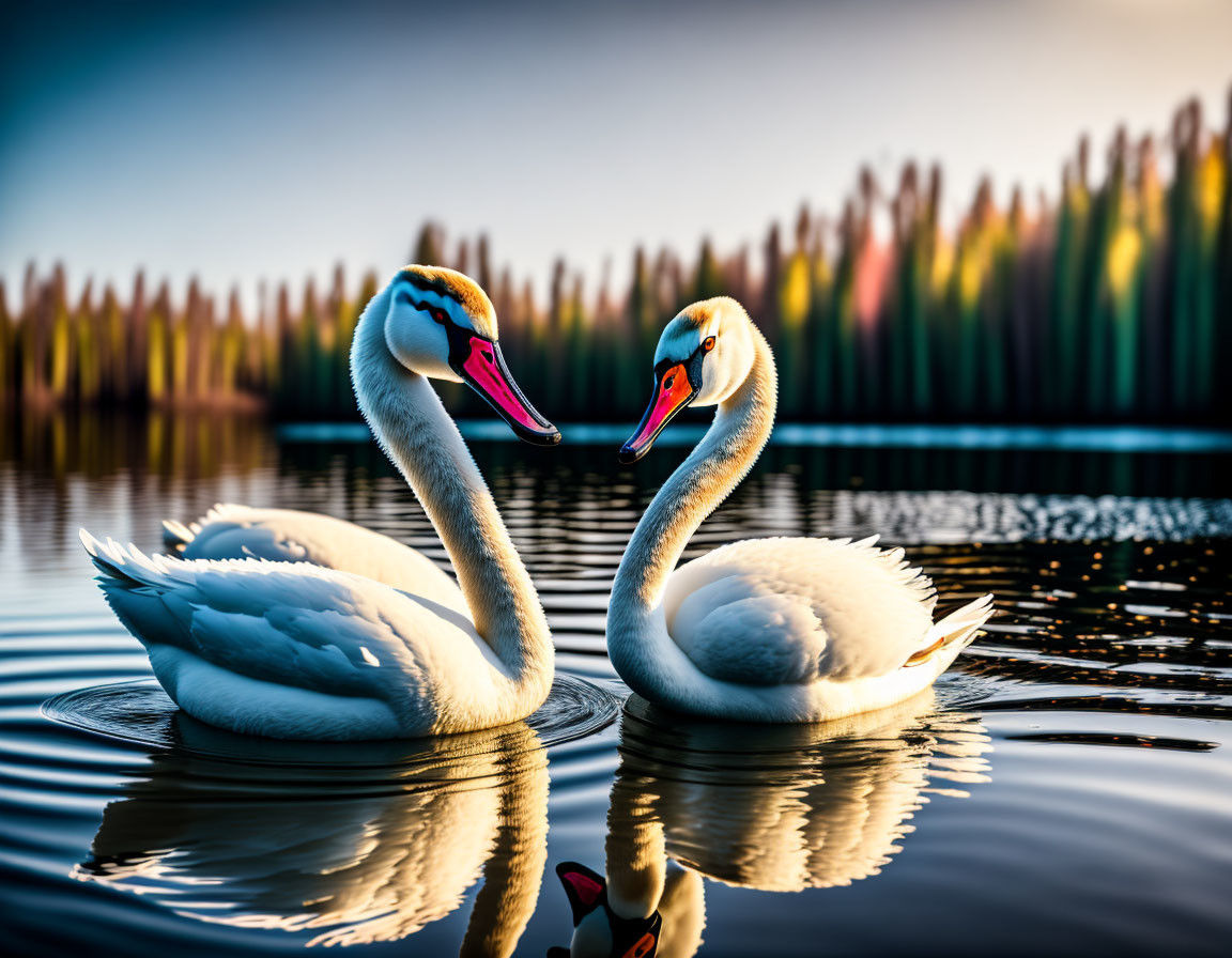 Swans on serene lake at sunset with colorful reflections