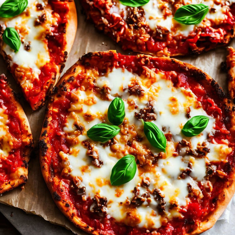 Three homemade pizzas with melted cheese, ground meat, fresh basil on wooden surface