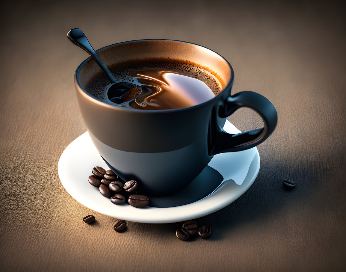 Black Coffee Cup with Spoon on Saucer and Coffee Beans on Textured Surface