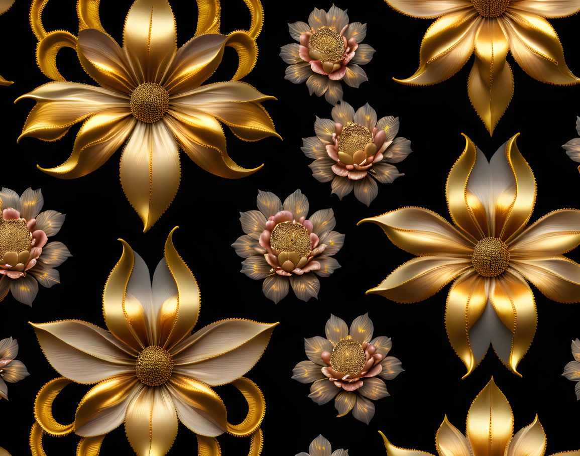 Ornate Golden Flowers Pattern on Black Background