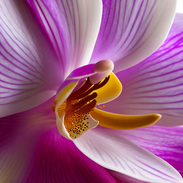 Detailed Close-Up of Purple and White Orchid with Yellow and Burgundy Patterns