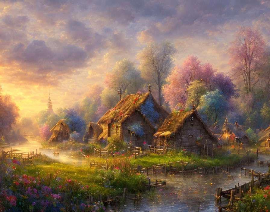 Scenic village with thatched cottages, colorful trees, flowers, and serene river at sunset