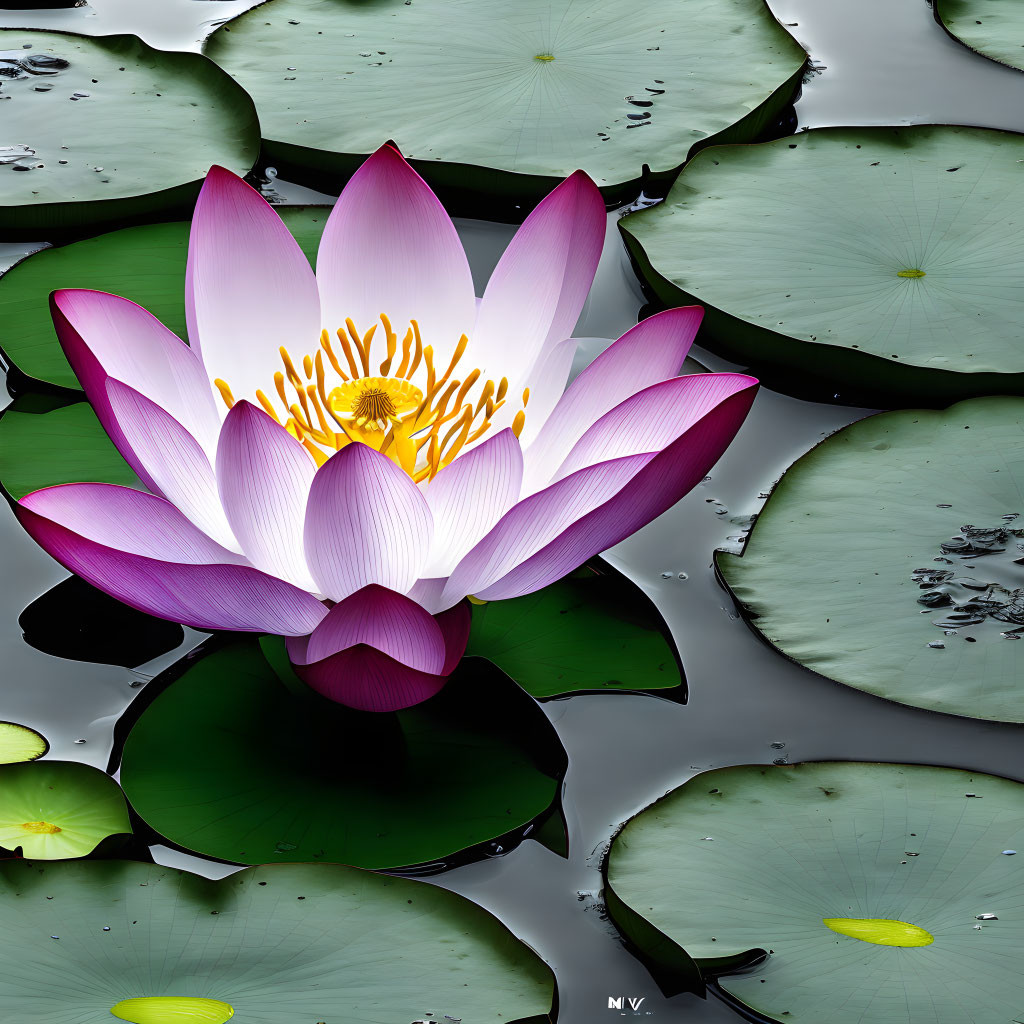 Pink and White Lotus Flower Blooming Above Green Lily Pads