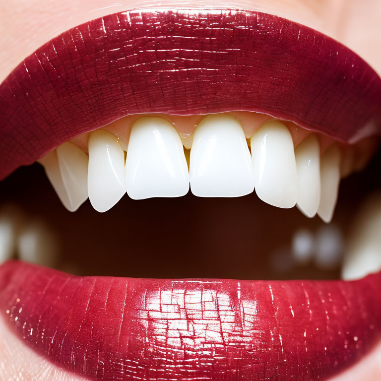 Person's Smiling Face with White Teeth and Dark Red Lipstick